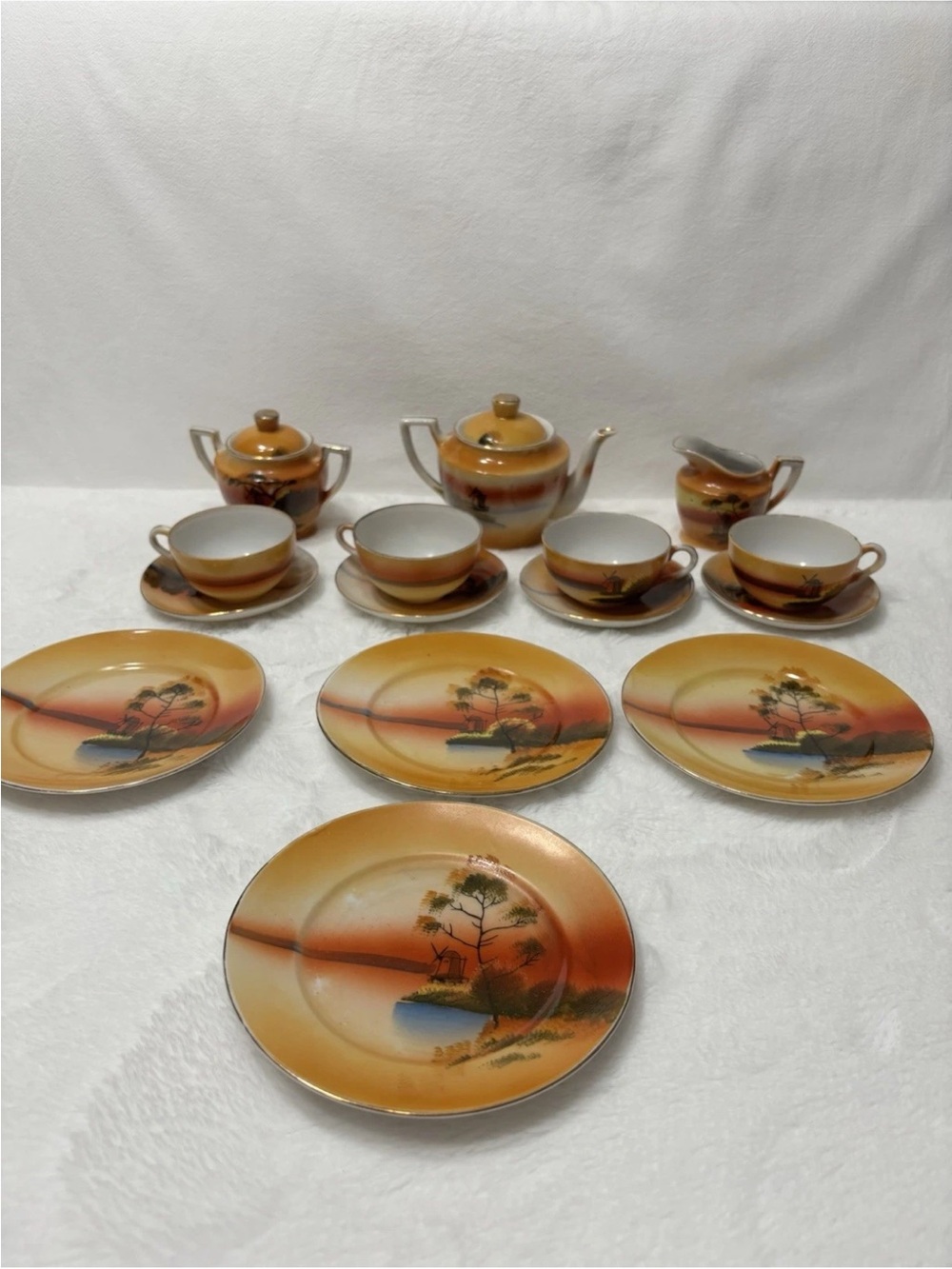 Vintage Japan Lusterware Tea Set 15 Pc Windmill Sunset Teapot Cups